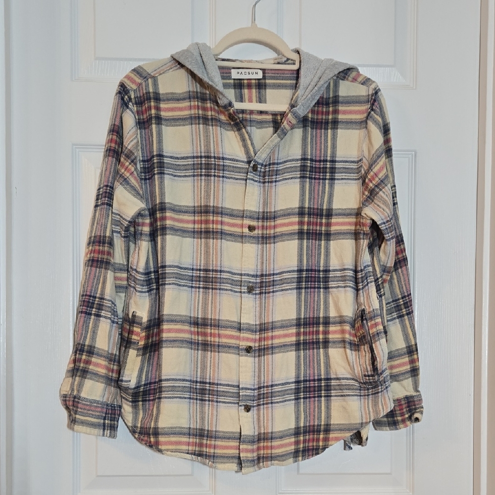 PacSun Cream Blue Plaid Flannel Hoodie Size Medium